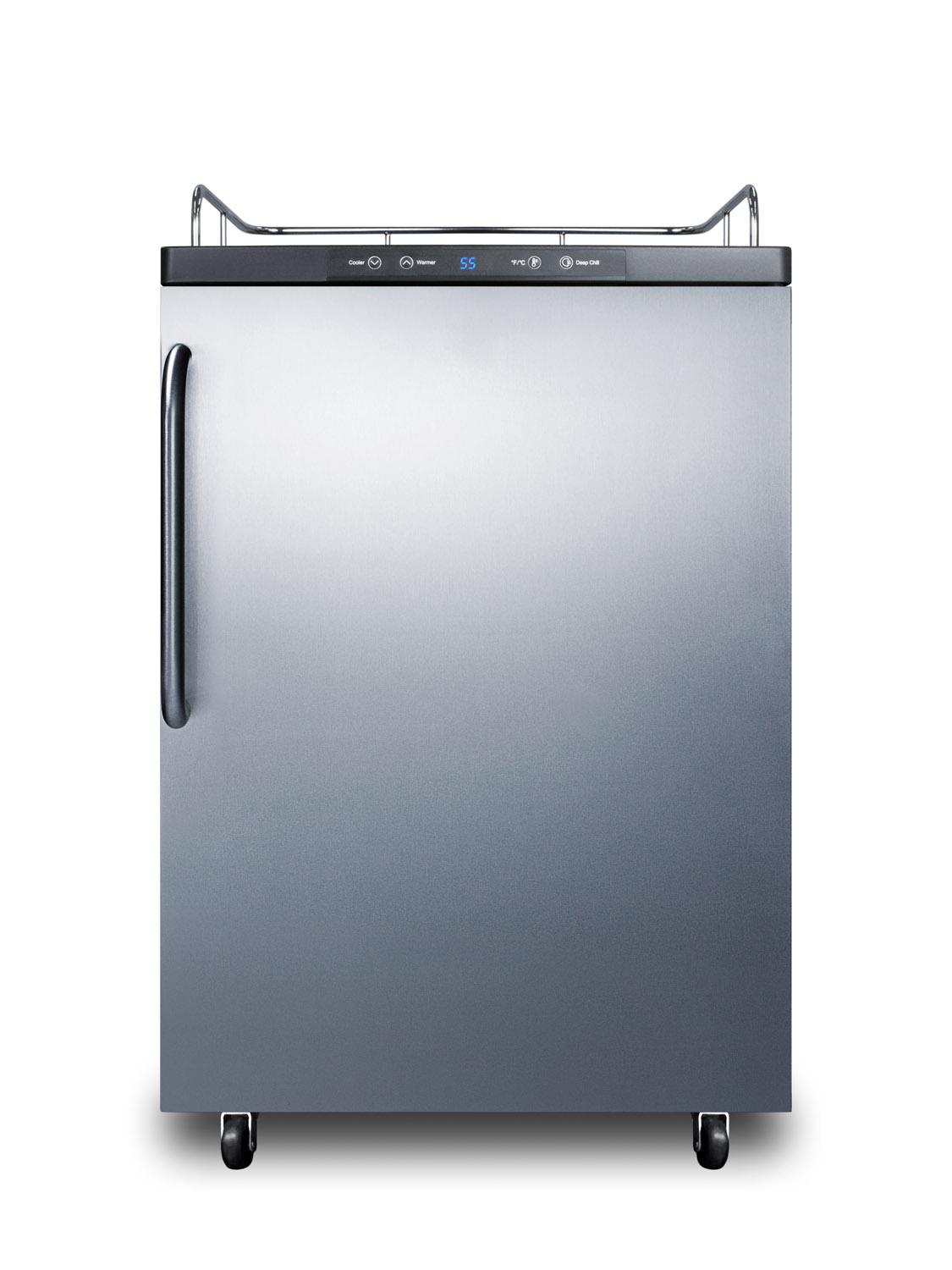 Freestanding residential beer dispenser, auto defrost w/digital thermostat, SS door, towel bar handle, and black cabinet; no tapping equipment included